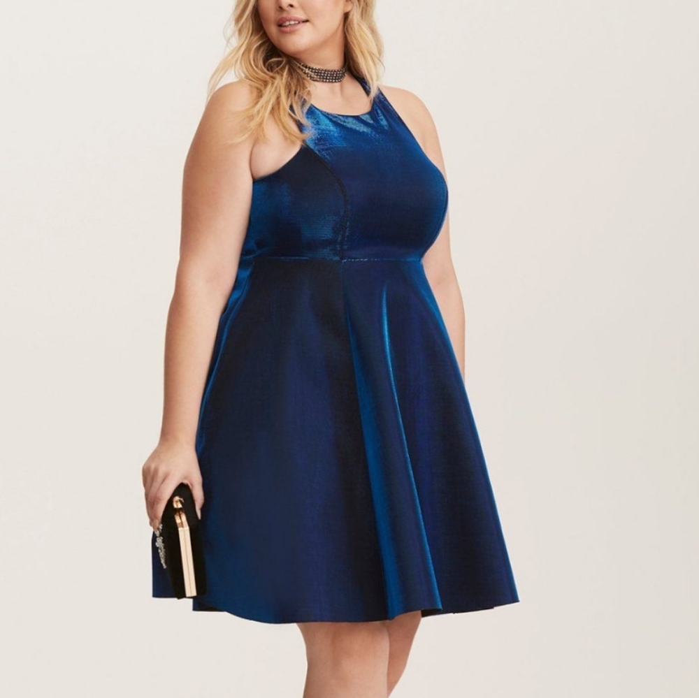 Plus Size 18 Torrid Womens Blue Metallic Skater Dress 👗